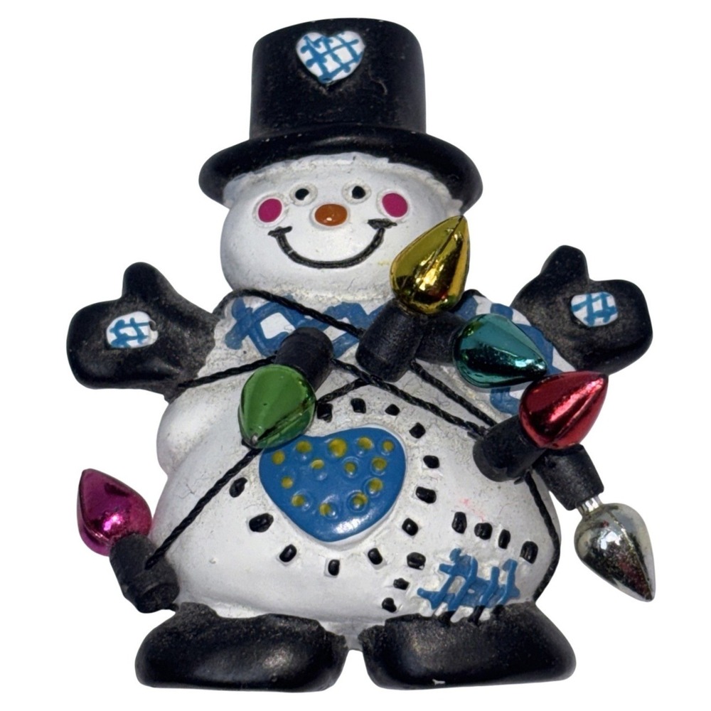 Vintage Snowman Christmas Lights Brooch Pin Blue Heart Holiday‎ Jewelry
